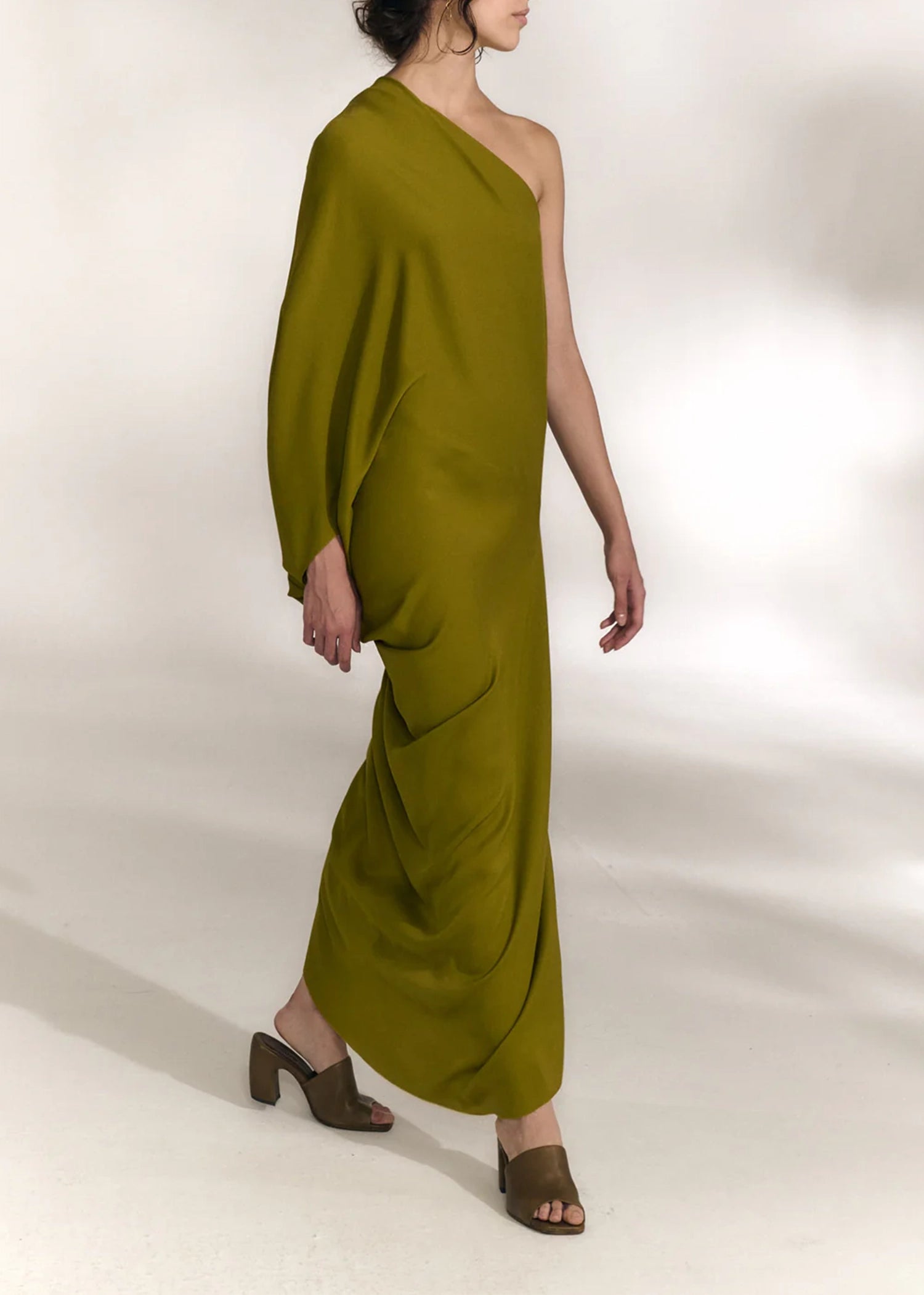 Cortana-Delore-gold-olive-asymmetrical-silk-dress