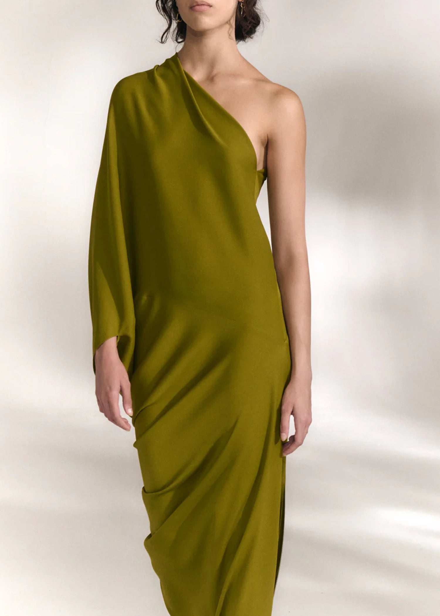 Cortana-Delore-gold-olive-asymmetrical-silk-dress
