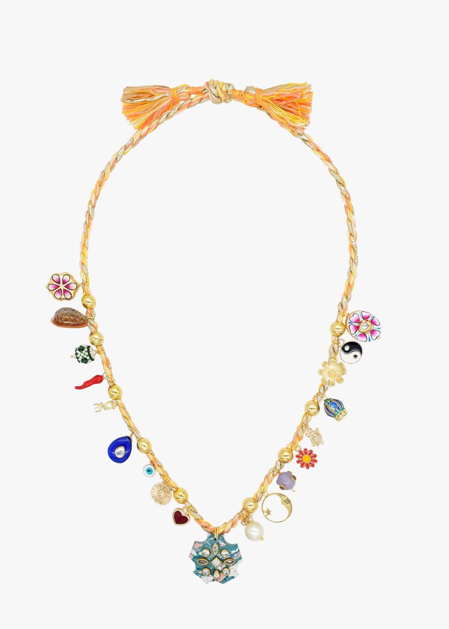 eaded necklace by Monoki with a braided tassel at the top and multiple colorful charm beads, including floral, and geometric
