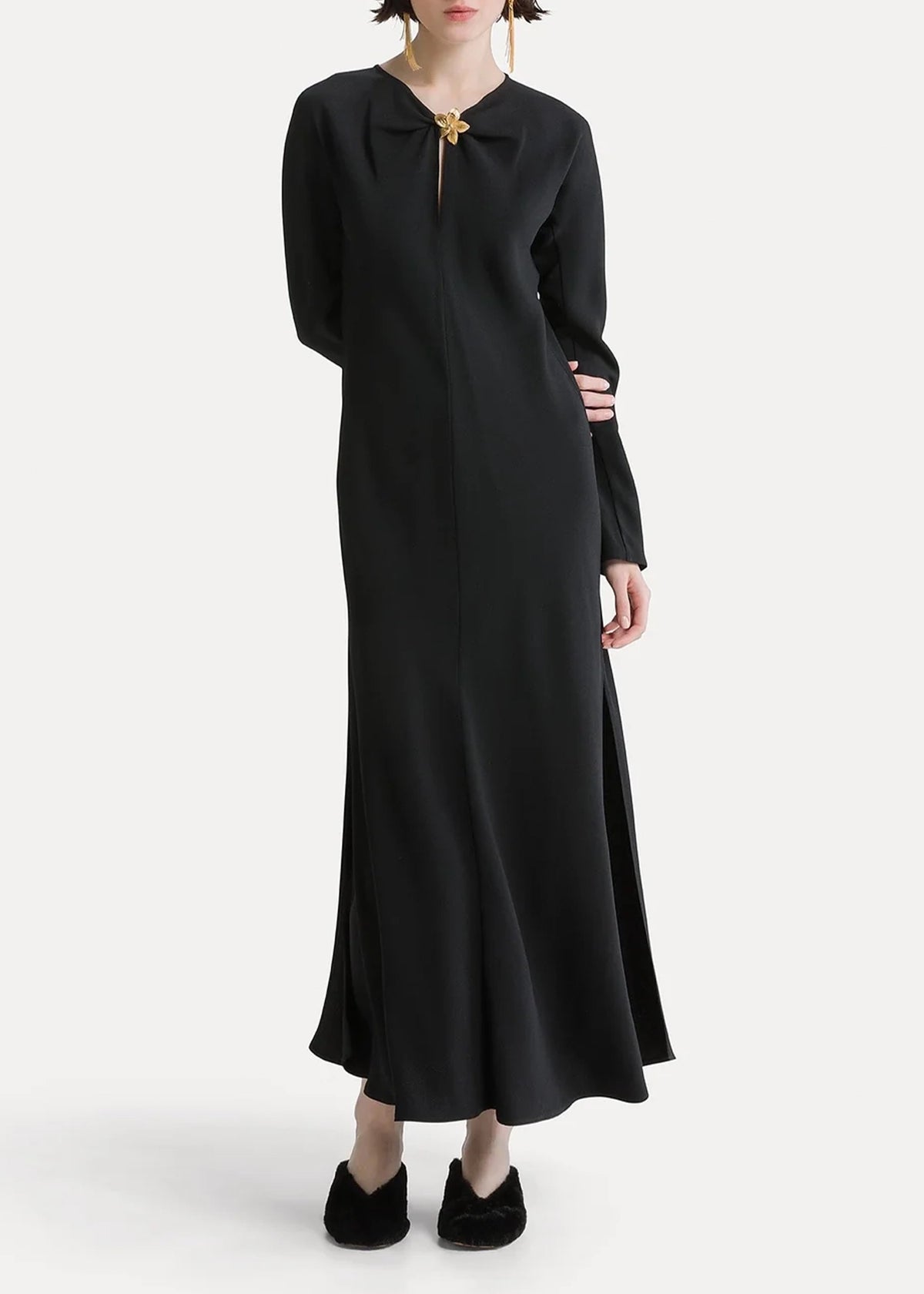 forte-forte-envers-satin-dress-with-jewel-flower-black